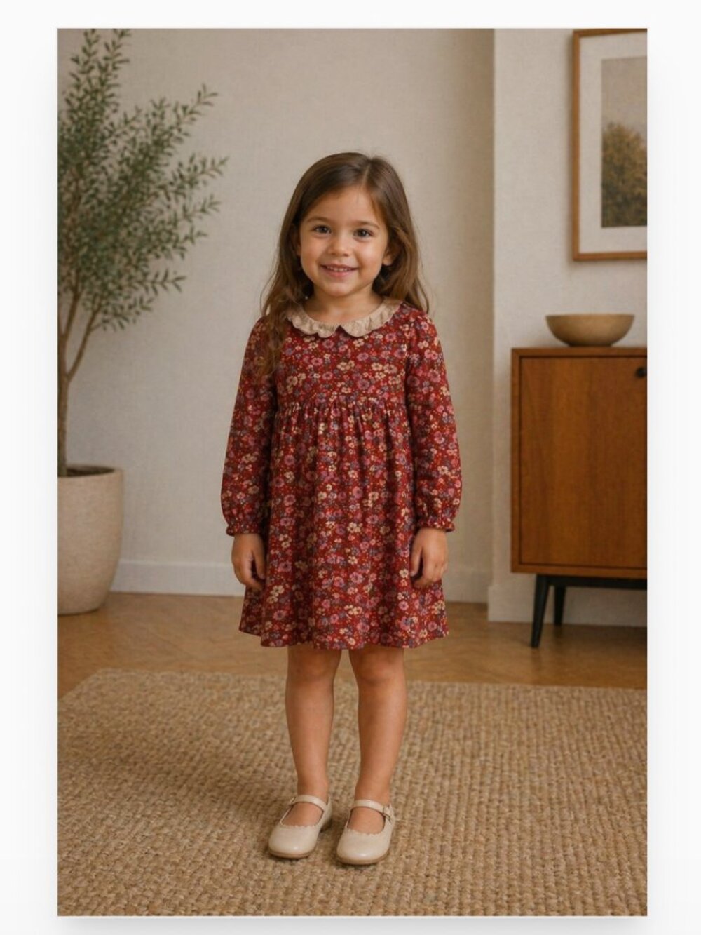 Mini Boden Dress Girls 6-7Y Red Floral Peter Pan Collar Long Sleeve Knee Length